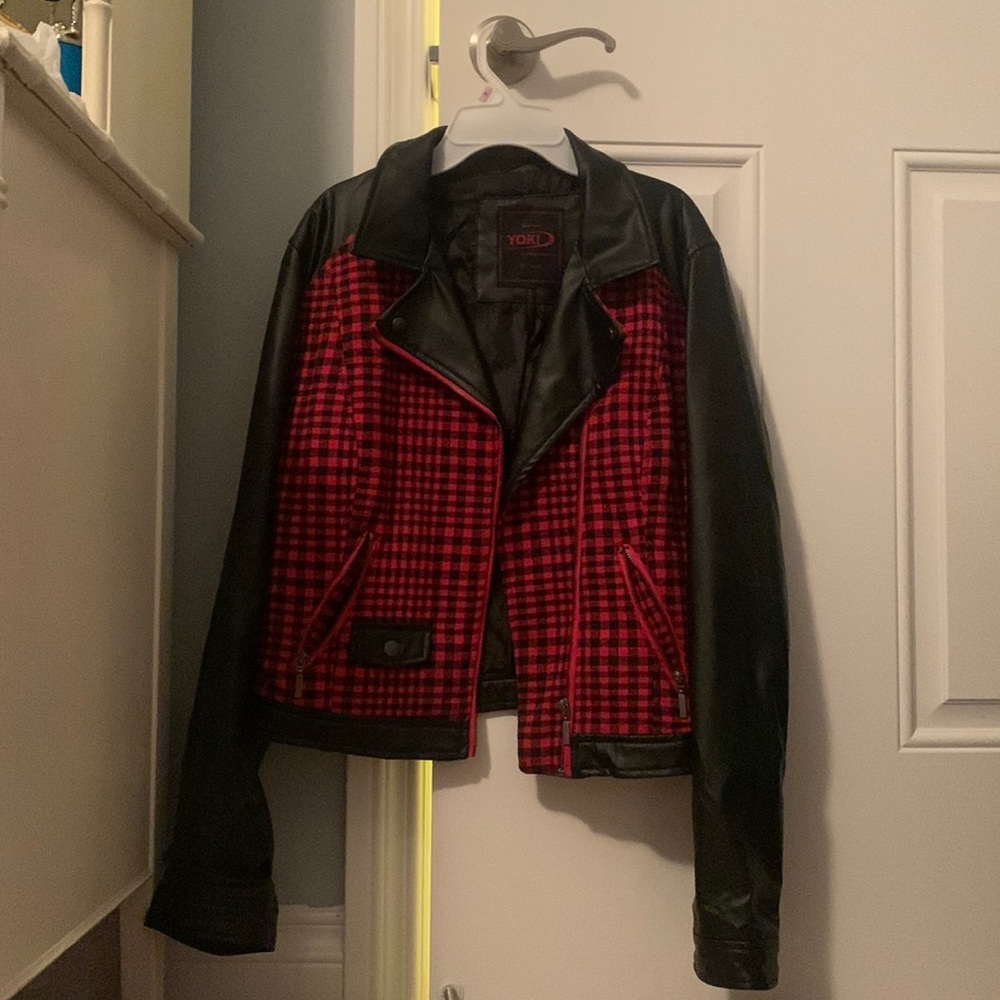 Faux leather jacket with black and red plaid print